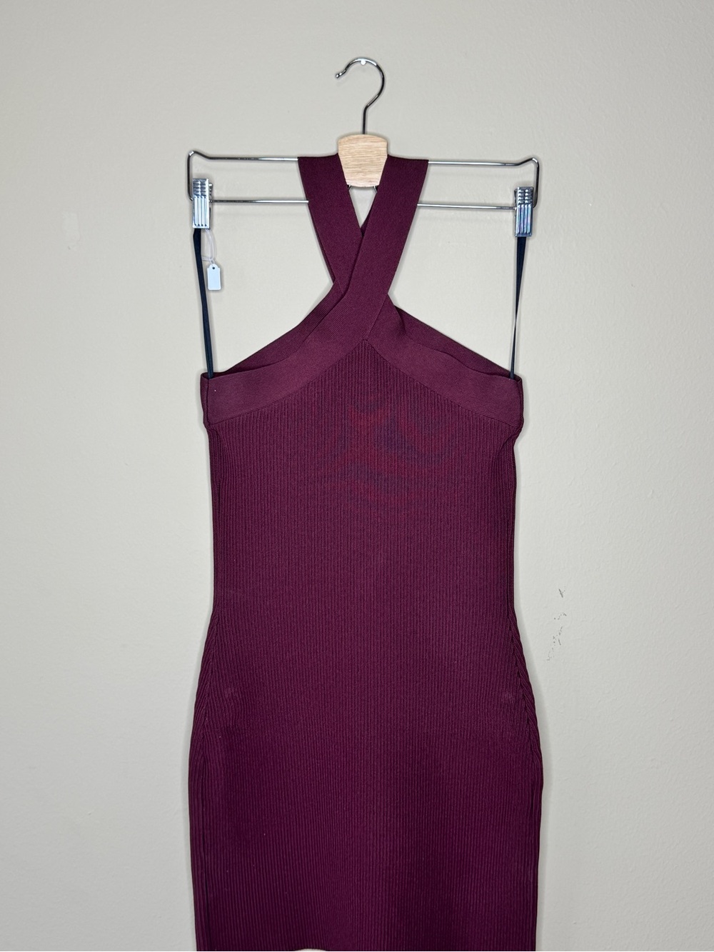 Babaton Ribbed Cross-Halter Mini Dress in Burgundy